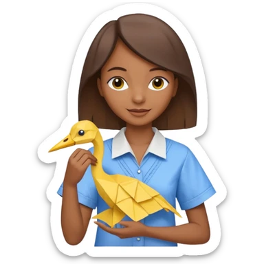 happy-african-young-girl-with-brown-hair-in-a-white-vintage-kanga-shirt-holds-an-origami-yellow-and-blue-crane sticker