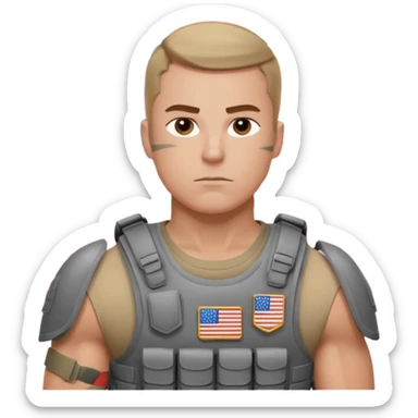generate realistic manly white american soldier in body armor and full uniform with small usa flag on shoulder sticker