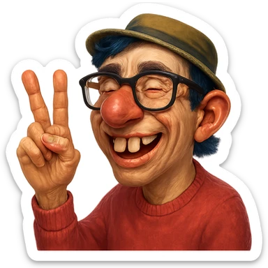 Make this character look like a nerd with an even bigger nose, buck teeth, glasses, and more realistic features. Keep the hand visible. Style should be semi-realistic, nerdy, expressive, with no background. sticker