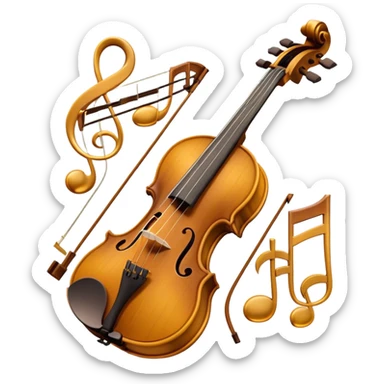 Create a sophisticated and detailed emoji representing the 'Macdonald' viola by Antonio Stradivari. The design should feature a beautifully crafted viola with visible fine details, including the scroll, f-holes, and rich wood texture. Add subtle elements like a bow resting on the strings and musical notes to evoke the instrument’s classical nature. Use rich, warm colors like golden brown, amber, and subtle hints of gold to reflect the luxury and craftsmanship of Stradivari's work. The background should be transparent. sticker
