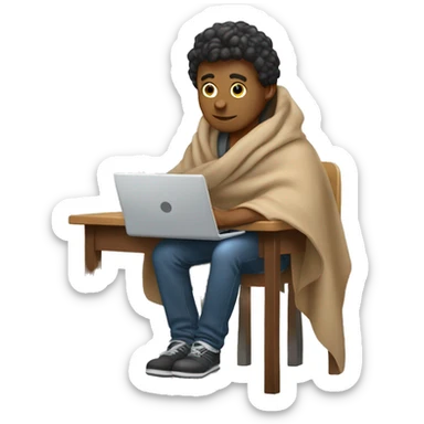 male sitting at a school desk with a big blanket wrapped around shoulders working on chromebook sticker