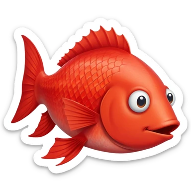 extremely derpy red fish with bulging eye and goofy buck teeth, perfect flat side profile facing right, exactly 90 degrees, completely 2D like a paper cutout, only one eye visible, absolute side view sticker