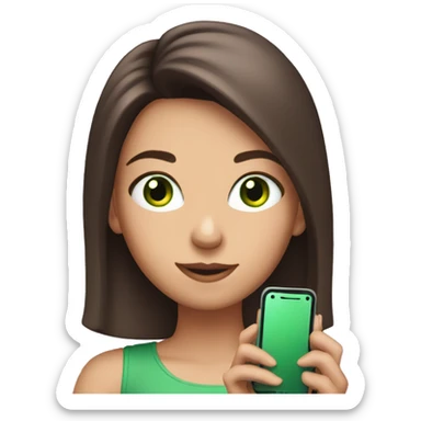 Brunette girl with a pink lock of hair, with green eyes, holding a phone sticker