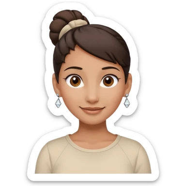 generate a pretty bratz girl with dark brown eyes. Dark brown hair tied in a single bun, tight beige shirt with top shirt open. diamond studs in ears. airpods in ear sticker