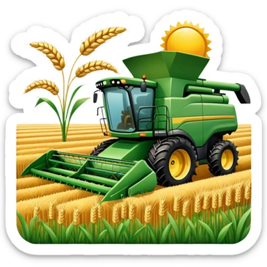 An icon featuring a wheat field, a combine harvester, fertilizer formulas, and plant cells, symbolizing agronomy. The design includes farming tools and crops, representing agricultural science, crop production, and plant biology. Transparent background highlights sustainable farming and growth. sticker