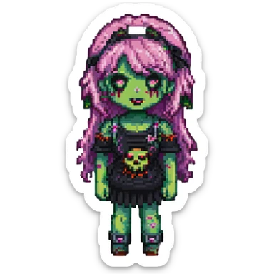 full body girl zombie with pink hair and bangs, pixel art style sticker