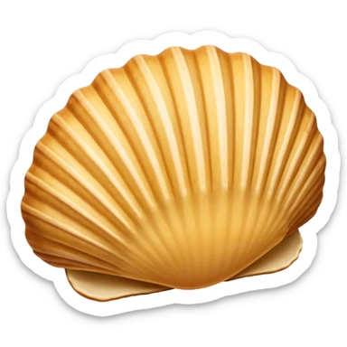 A madeleine pastry. Oval seashell shape with ONLY four to five vertical lines going in the same direction. Light golden brown. Scalloped edge. Cookie. Flat. Long. Oval shape. Lets scallops. Only four or five scalloped lines. Oblong shape sticker