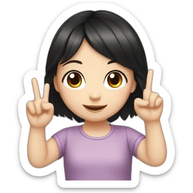 Generate an image of a small girl with fair skin and black hair showing a sign with her hand three fingers up, two closed sticker