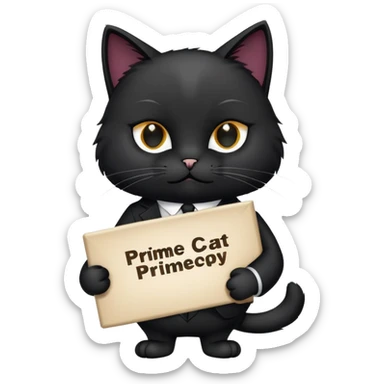 A black cat in a black business suit holds a sign that says "PrimeCopy" sticker