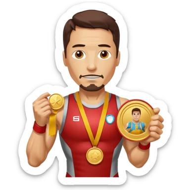 ironman picking running a marathon with gold medal sticker