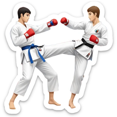 Two taekwondo fighters in a competition arena, one performing a high spinning kick towards the opponent’s head, while the other blocks with a precise guard. The background features a dynamic, bright arena with flags, emphasizing speed and agility in the martial art. Transparent background  sticker