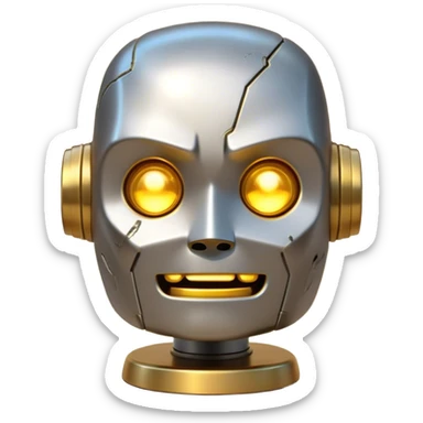 Cinematic Cute Mighty Iron Golem Portrait Emoji Head tilted playfully and inquisitively, featuring a sleek yet sturdy metal form with smooth, polished steel plating and glowing golden engravings, accented by faintly humming energy veins that pulse with life; rendered with lifelike clarity and soft, natural reflections, high shine, charming yet robust, styled with a touch of whimsical fantasy, soft glowing outline, capturing the essence of a watchful yet endearing golem, as if it might shift its massive head with a slow, thoughtful nod at any moment! sticker