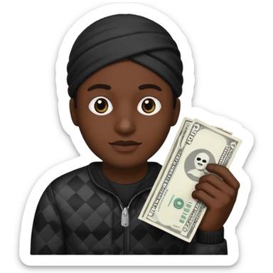 Make a robber emoji holding a bank cash with black white pattern  sticker