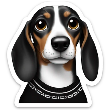 Dachshund wearing black and white Sweater with chanel logo  sticker