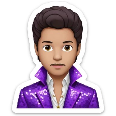 Prince Rogers Nelson with dark brown hair, purple sequin jacket, white shirt sticker