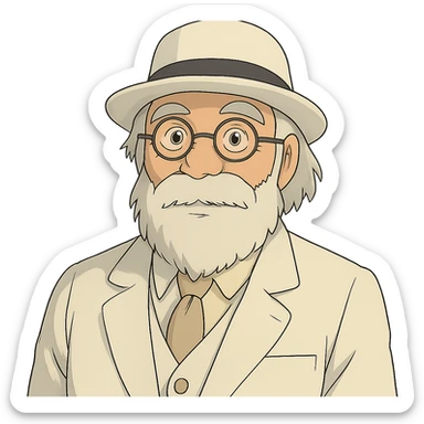 old man with a white hat, slightly long white beard, white moustache, round glasses, white suit, white longish hair, ghibli style sticker