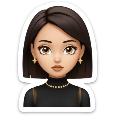 generate a pretty bratz girl in black cami top, dark brown straight short hair, eyeliner on. dark brown eyes. Wearing sleeveless white turtleneck, gold stud earrings sticker