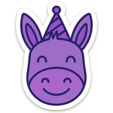 Add a colorful party hat with purple tones to the happy donkey head icon, in color outline style, with no background. sticker