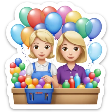 Pta lady holding lots of random items at a stall surrounded by balloons and bubbles sticker