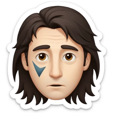 Handsome white man with big brown eyes long nose and dark brown messy hair cover his forhead and hair coming in eyes triangle facecut sticker