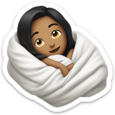 Woman with black hair  laying down cozy in a white blanket  sticker