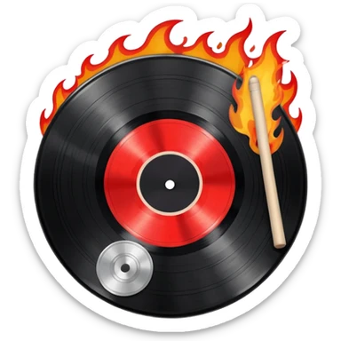 a black vinyl record white stick  with red outlin and flames  sticker