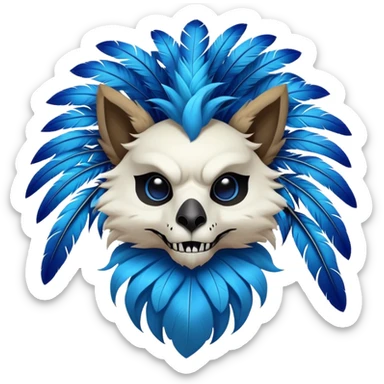 Furry Fakémon-Pokémon-animal-creature with a skull mask, and a feather-mane-collar, and blue feathers sticker