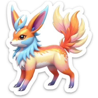  Shiny realistic cool beautiful iridescent light warmly colored reddish-orange-gold-gradients neon vibrant colorful pastel flourishing flurry fuzzy Nargacuga-Palkia-Sylveon-Meloetta-Noibat-fusion-animal-Fakémon-hybrid-creature, by griffsnuff sticker