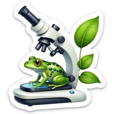 An icon featuring a DNA strand, a microscope, and a green leaf, symbolizing biology. The design includes animal cells, plant structures, and a frog, representing the study of living organisms and ecosystems. Transparent background highlights life sciences and biological research. sticker