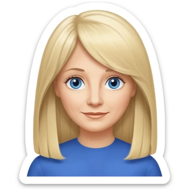 50 yr old white woman, curtain bangs, very long straight blond hair, oval face, small smile, blue eyes, thin face, hair downback, middle part round cheeks, pale, longer hair sticker