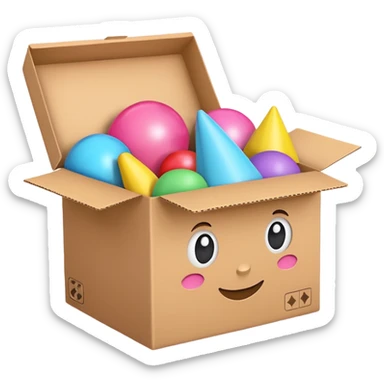 cardboard box with toys, pink sticker