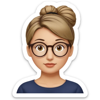 femme de 38 ans avec des cheveux blond foncé sans mèche devant, un chignon haut, yeux bruns, lunettes rondes sticker