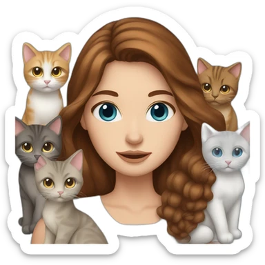 Woman with brown hair and blue eyes hold a five cats sticker
