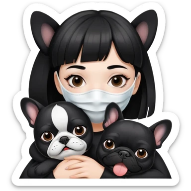girl with short black straight bangs hair wearing a white mask and hugging one black French bulldoge  sticker