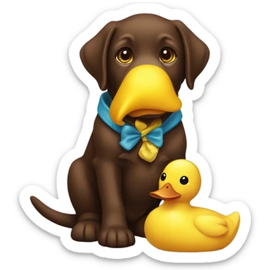 Chocolate lab puppy with big yellow duck plush toy in mouth sticker