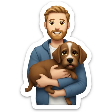 White man with brown hair and brown beard holding puppy dog sticker