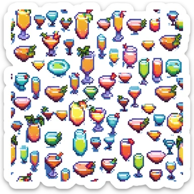 Sex on the beach cocktail, neon colors, 8-bit style, retro gaming aesthetic sticker