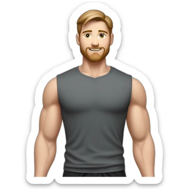 Full height realistic Actively gesturing with hands Pale skinned Fit Man With the biceps and brown hair in dark gray Sleeveless Mike, black oversize sports shorts, watch and white Sneakers sticker