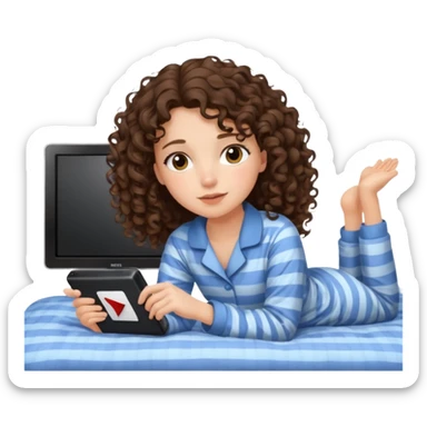 A girl, brunette with curly hair down to her shoulders, watching TV. Have her lie down on the bed, and put on Netflix on the TV. sticker