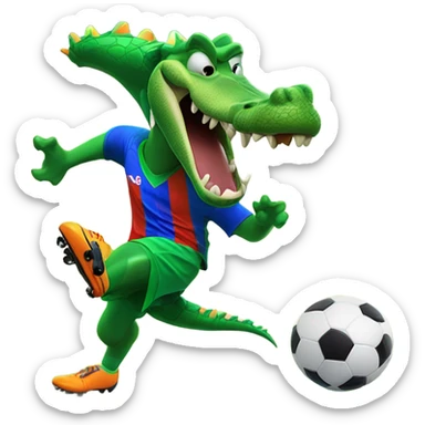Gator with a soccer jersey kicking a soccer ball sticker