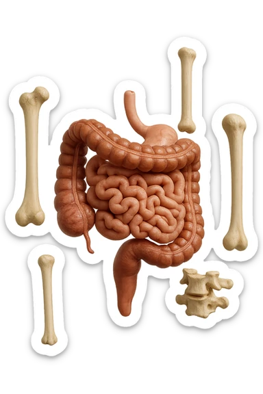 intestino umano anatomico e ossa umano anatomico fluttuano in aria, iperrealistico 4k sticker