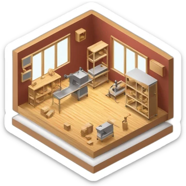 isometric square transparent solid outline border containing indoor creative workshop handmade woodworking factory people actively working cnc machine tools simple clean industrial sticker