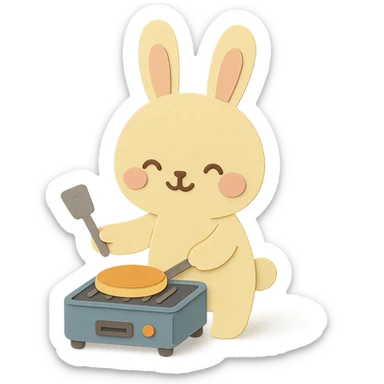 cute electric grill rabbit cooking a pancake, blushing joyfully, pastel yellow, full-body sticker