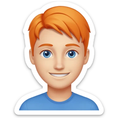 A young UX UI designer with blue eyes and semi orange side part sticker
