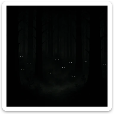 creepy banner, shadowy forest, glowing eyes in the darkness, mist, suspenseful mood, cinematic style sticker