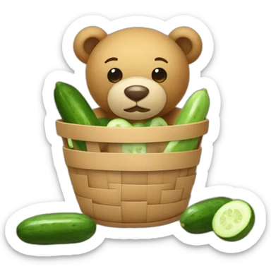 a teddy bear in a fabric mask and cucumbers in front of his eyes holds a basket with clean laundry sticker