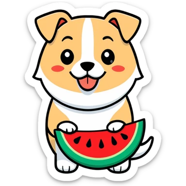 dog with brown eyebrows holding a watermelon sticker