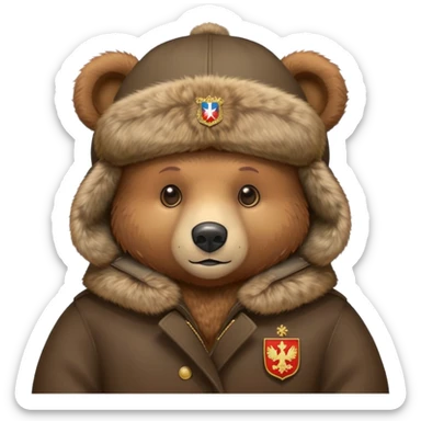 Cute brown bear in Russian fur ushanka hat with coat of arms pin, front view, iOS emoji style sticker