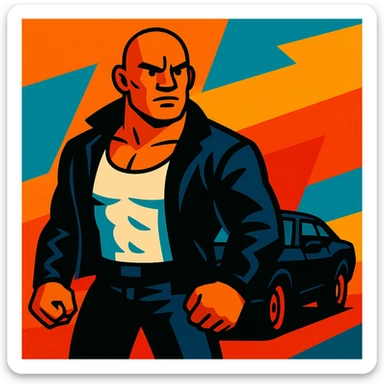 Bald muscular man in a white tank top and black jacket, black car in the background, action movie vibe sticker