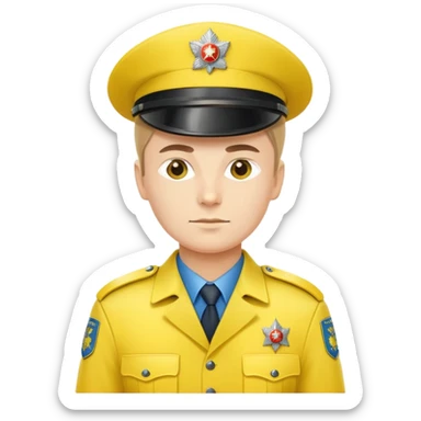 Russian police officer with bright yellow hat and yellow uniform, standing at attention sticker